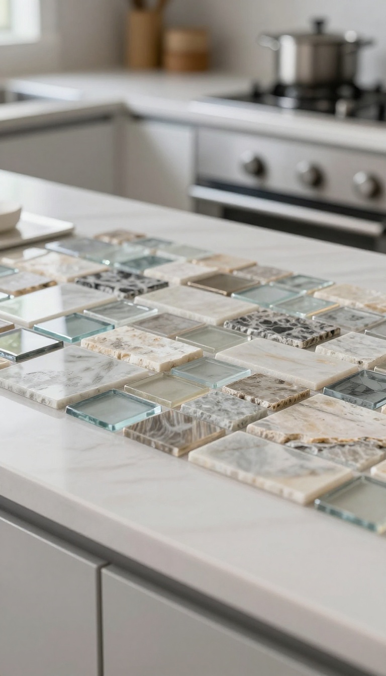 Close-up of a modern kitchen backsplash with a mixed material mosaic of stone, glass, and metal in neutral tones, showcasing texture and light.