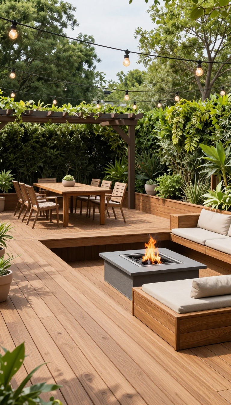 Multi-level deck patio with raised dining zone and sunken lounge area