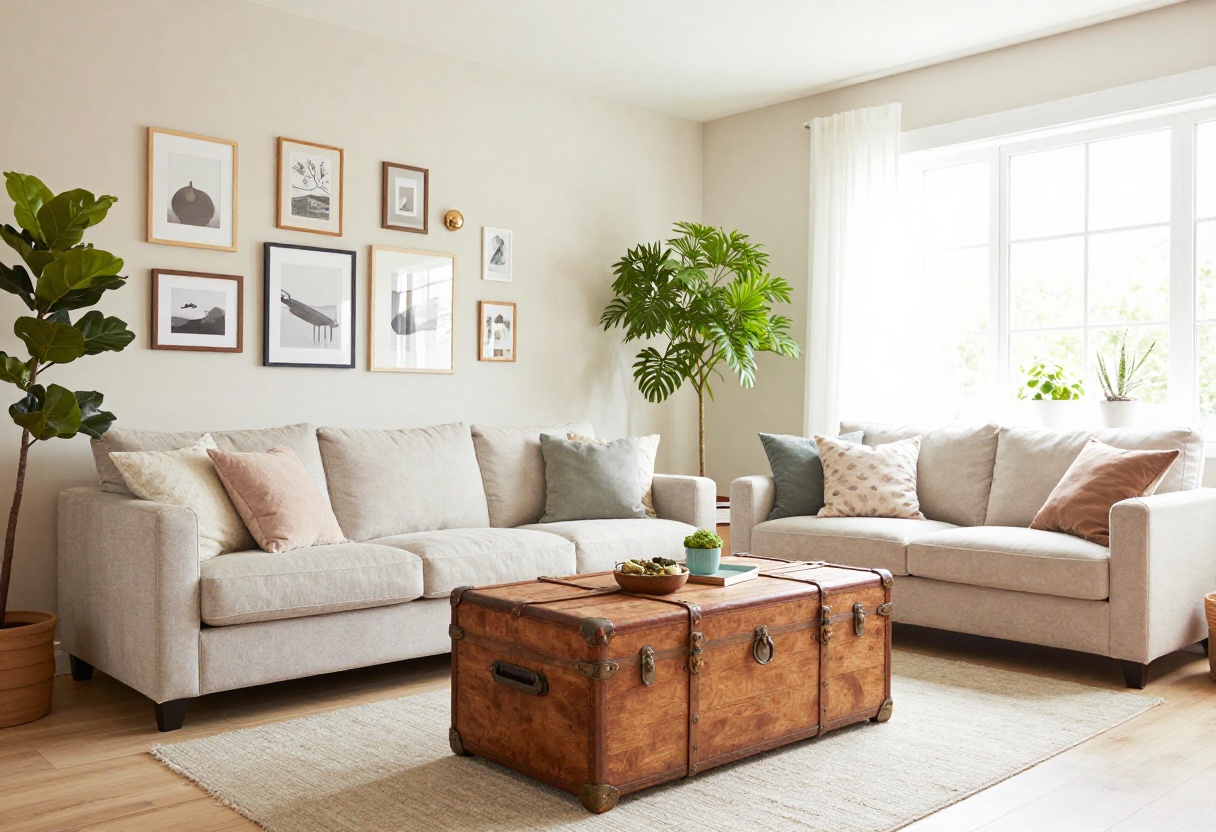 Cozy living room with vintage trunk coffee table and gallery wall
