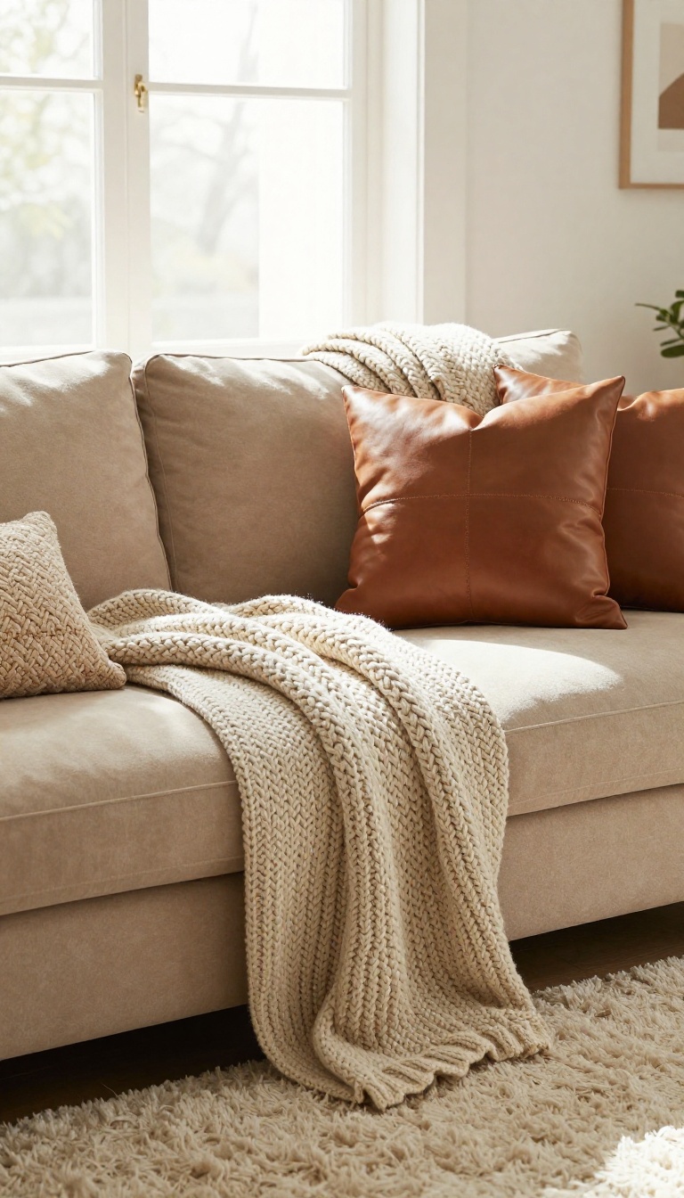 Tan couch with layered textures including chunky knit throw, leather and boucle pillows, woven wool blanket, and shaggy rug in a bright, cozy living room