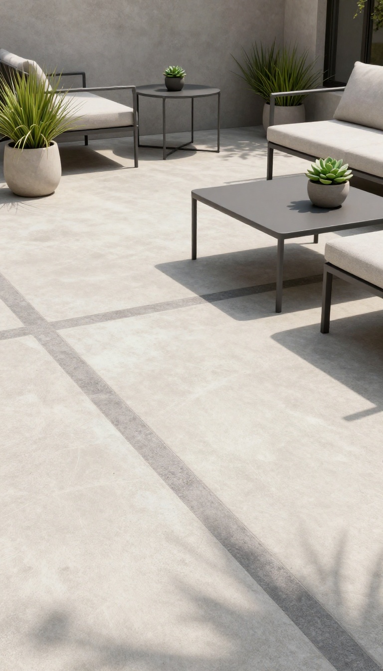 Modern concrete patio with geometric border inlay