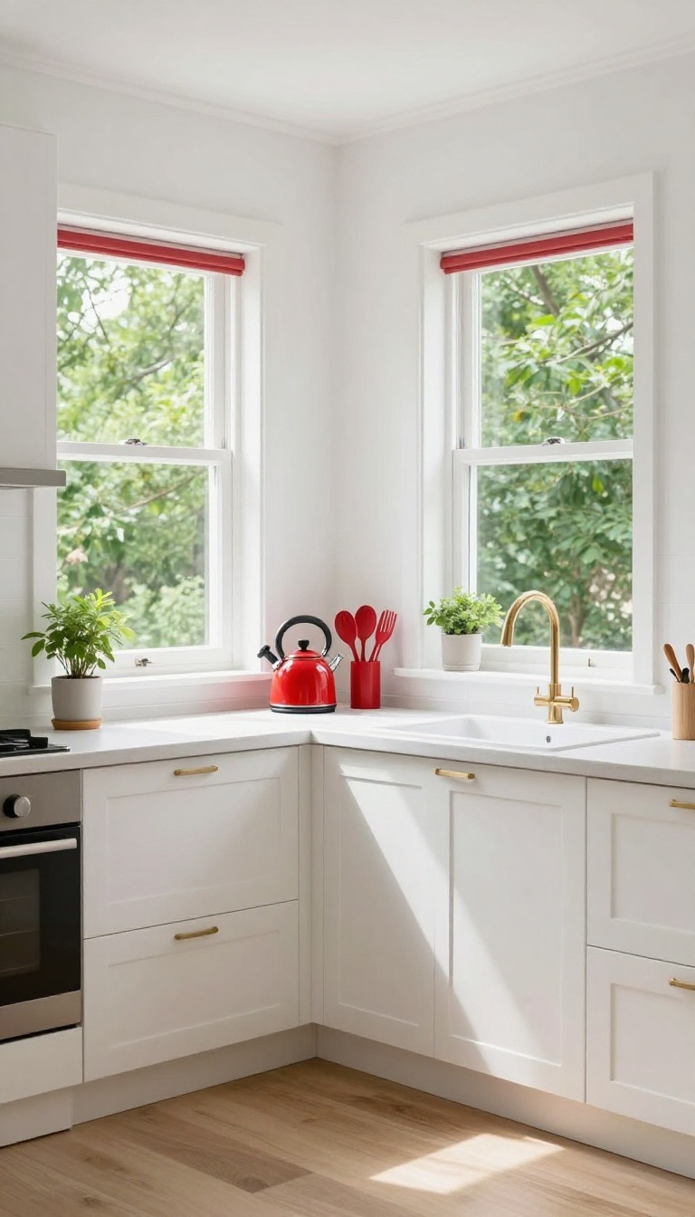 Red window frames in a bright kitchen with white walls, natural light, and a view of greenery