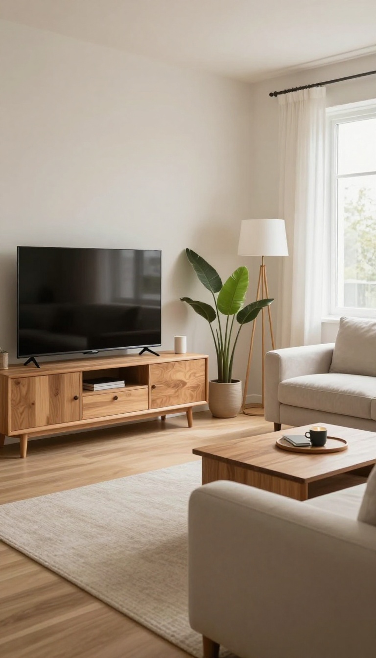Corner entertainment unit in a bright living room with TV, sofa, plant, and lamp