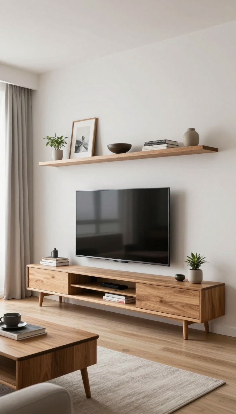 Modern living room with wall-mounted TV, low media console, and floating shelves styled with books, plant, and art.