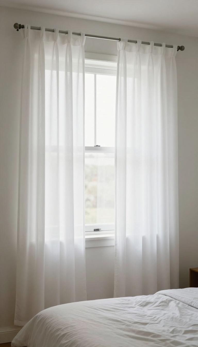 Small bedroom with high and wide curtain rod, sheer white curtains, bright natural light, cozy and airy feel