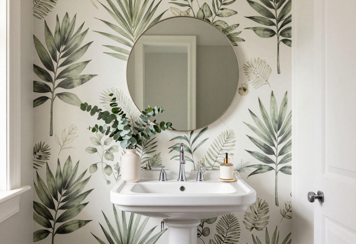 Guest bathroom with bold botanical wallpaper and pedestal sink