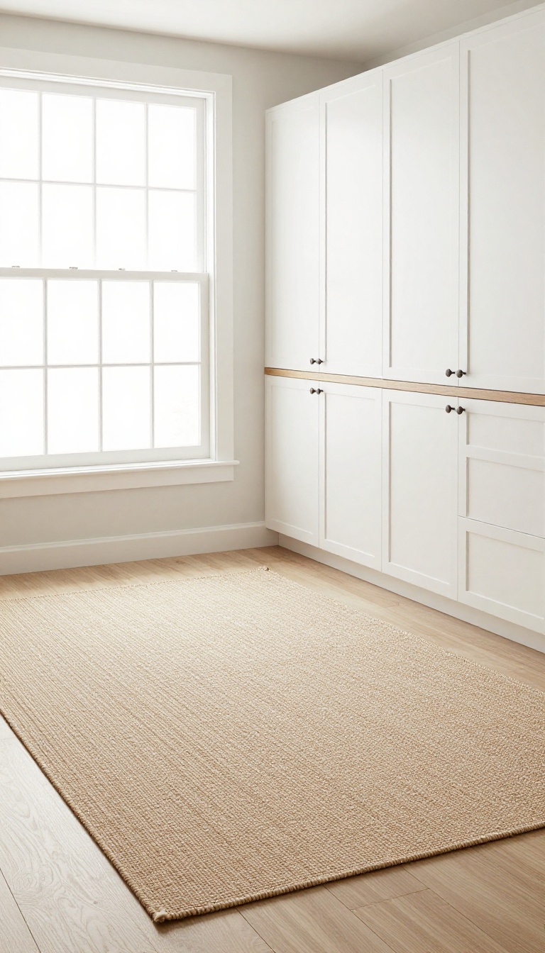 Layered kitchen runner rug over a larger neutral area rug in a bright, modern kitchen setting.