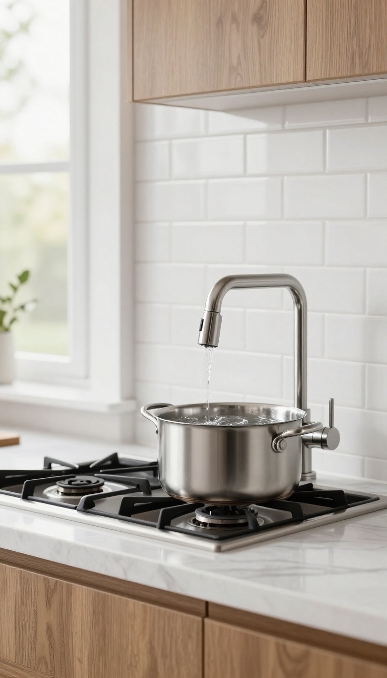 Modern kitchen with a pot filler faucet over a gas range filling a stockpot
