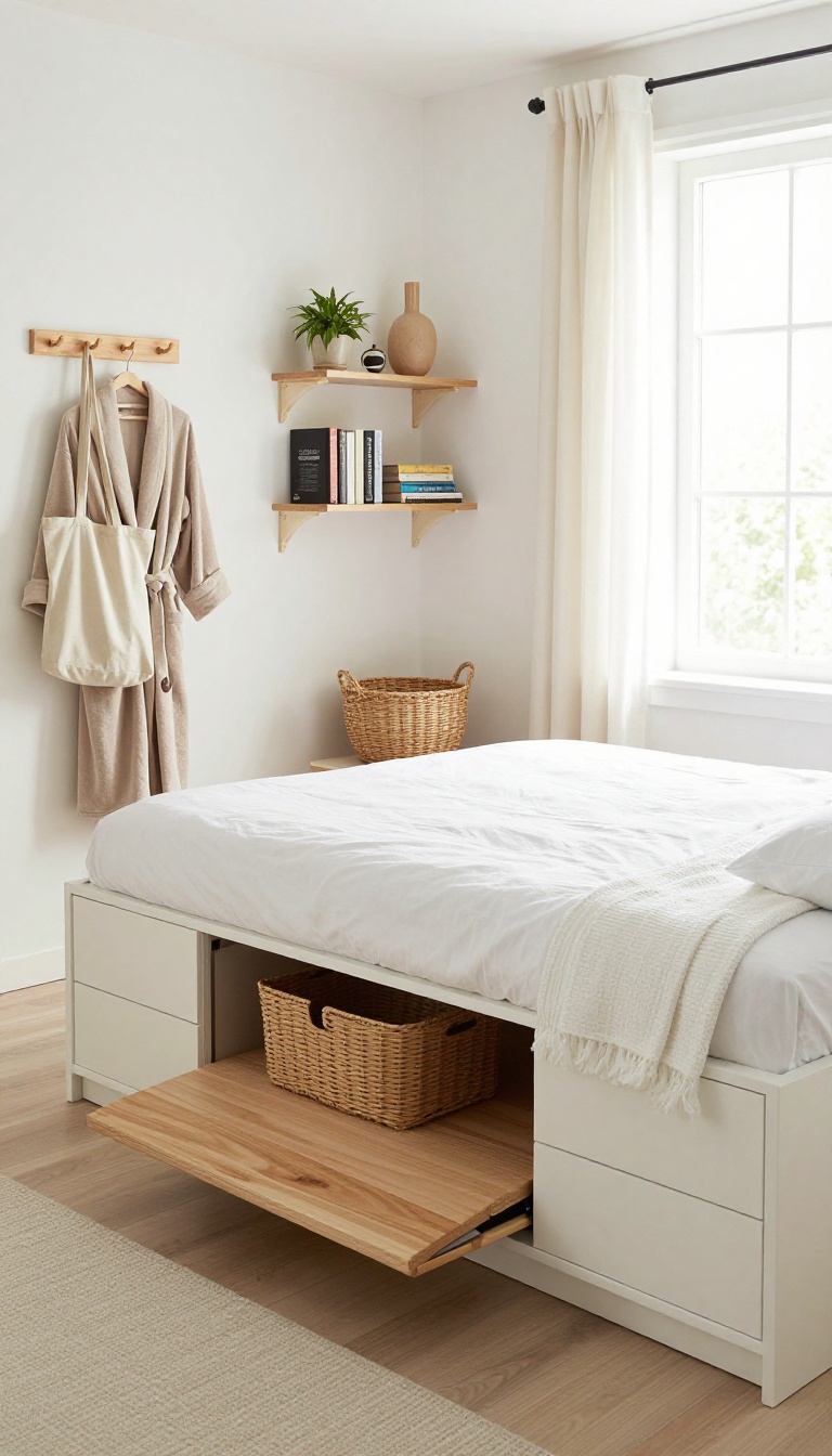 Guest bedroom with smart storage furniture including a storage bed, lift-top bench, floating shelves, and coat hooks, creating a tidy and inviting space.
