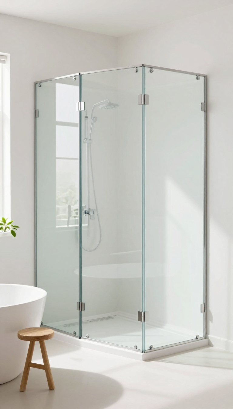 A tri-fold shower screen folded against the wall in a bright, airy bathroom, showing the open space and natural light.