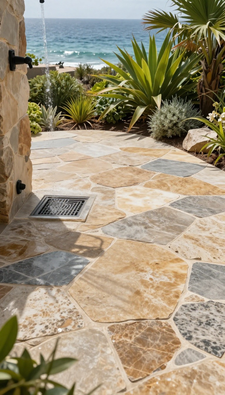 Natural stone paver outdoor shower floor with gaps for drainage in a garden setting
