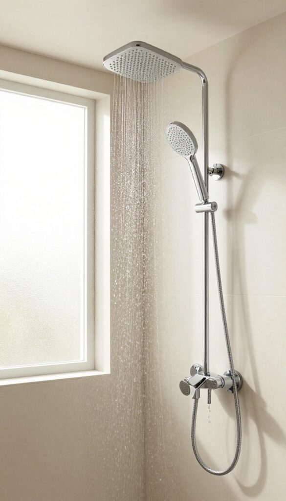 Modern bathroom shower with overhead rain shower head and body jets for a spa-like experience.
