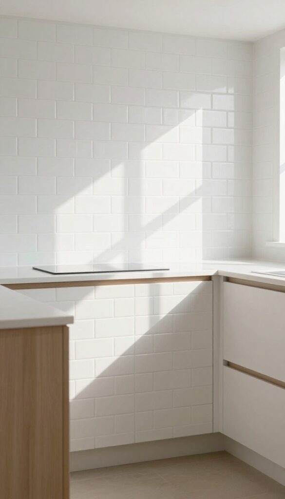 White beveled subway tile backsplash in a brick pattern in a bright coastal kitchen