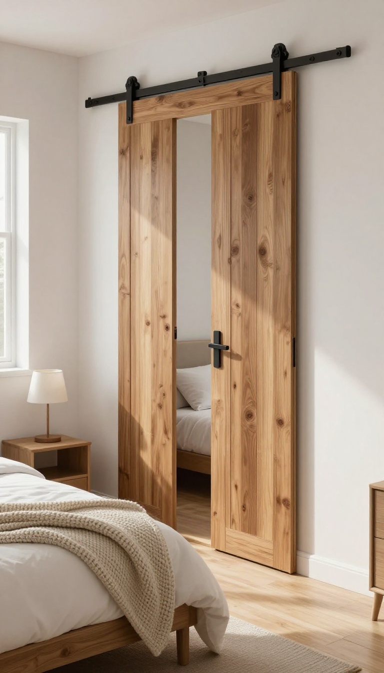 Small bedroom with a sliding barn door saving space