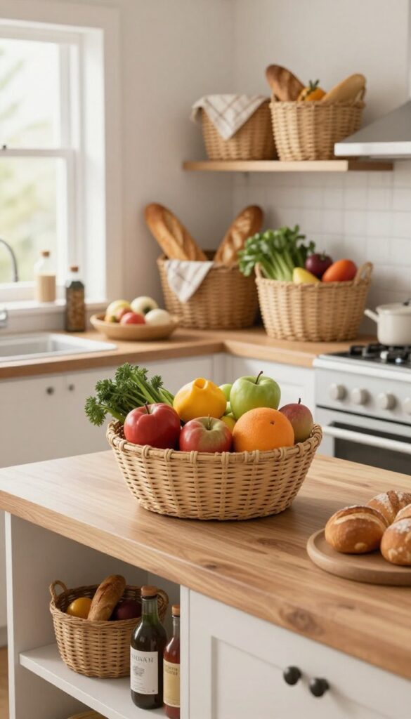 Cozy virtual kitchen with woven baskets for storage, fruits and bread in baskets on counter and shelves