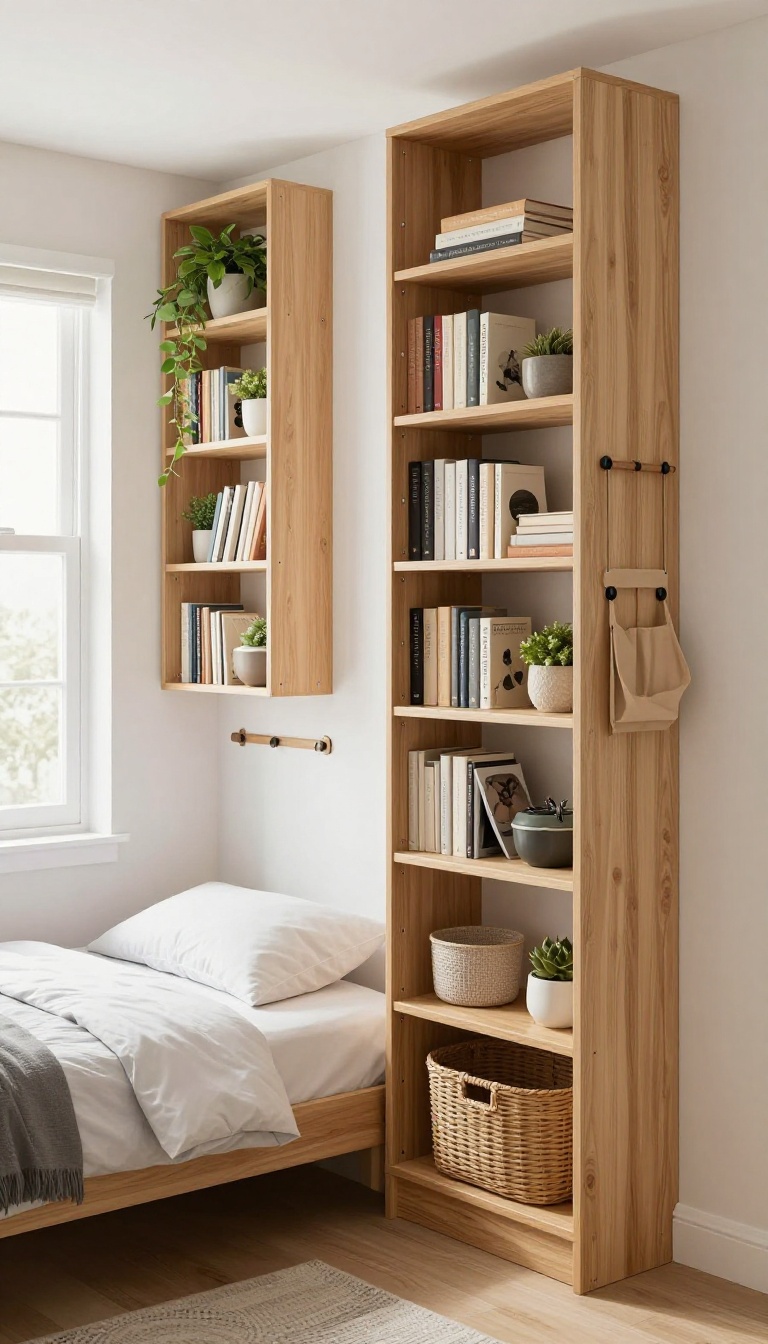 Small couple bedroom with vertical storage, tall shelves, bookcase room divider, and hanging organizers in bright natural light
