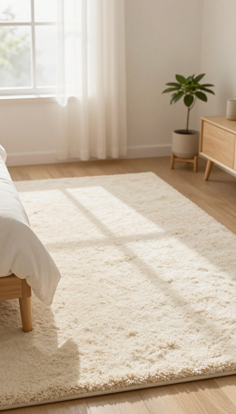 A plush rug under a bed in a small cozy bedroom, adding warmth and defining the sleeping area.