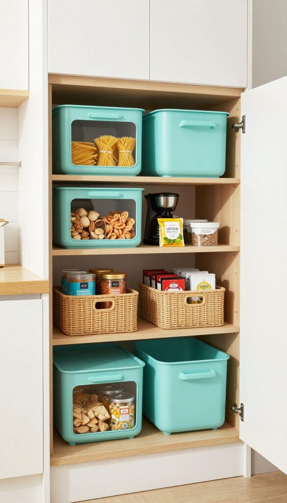 Turquoise storage bins and baskets neatly organizing a bright modern kitchen