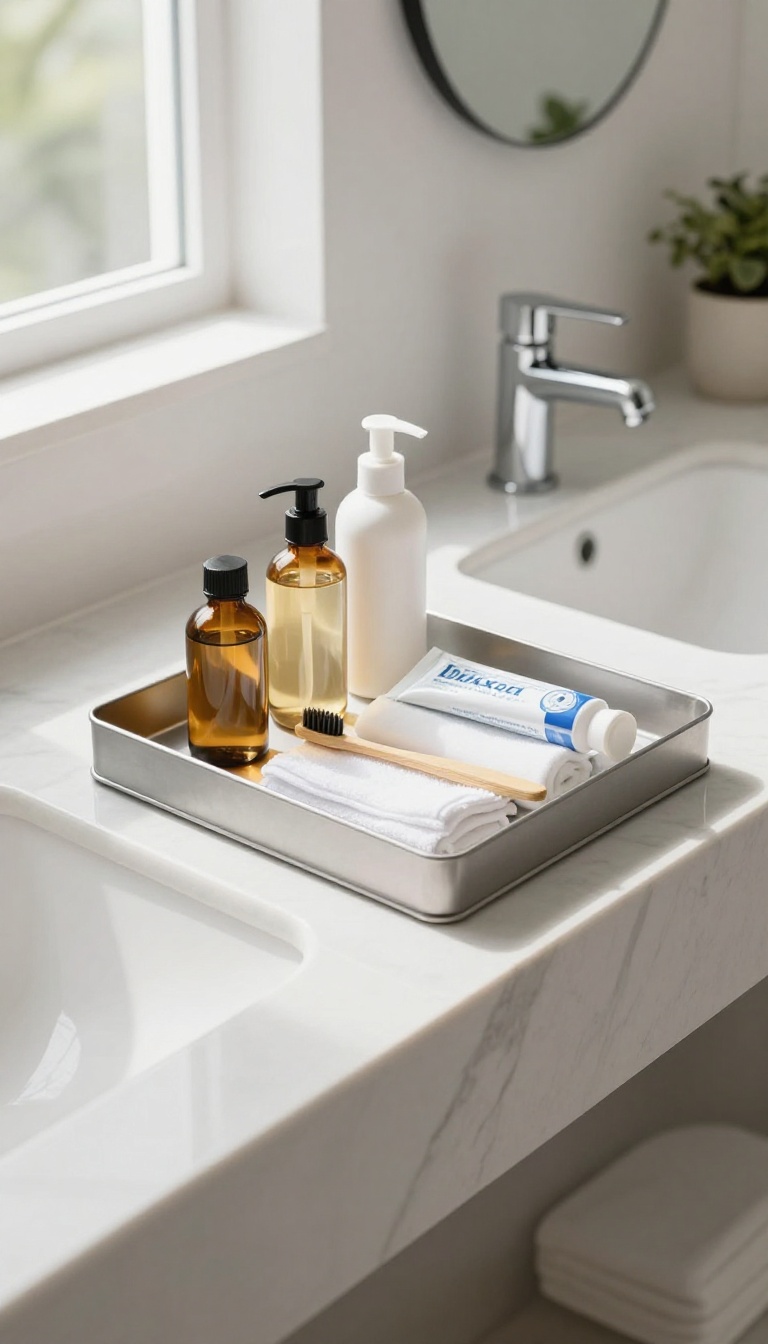 A tidy guest bathroom counter with a metal tray holding travel-sized toiletries, bathed in natural light.