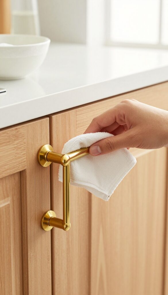 Hand wiping a brass cabinet handle with a damp cloth, with a bowl of soapy water nearby, in a bright kitchen.