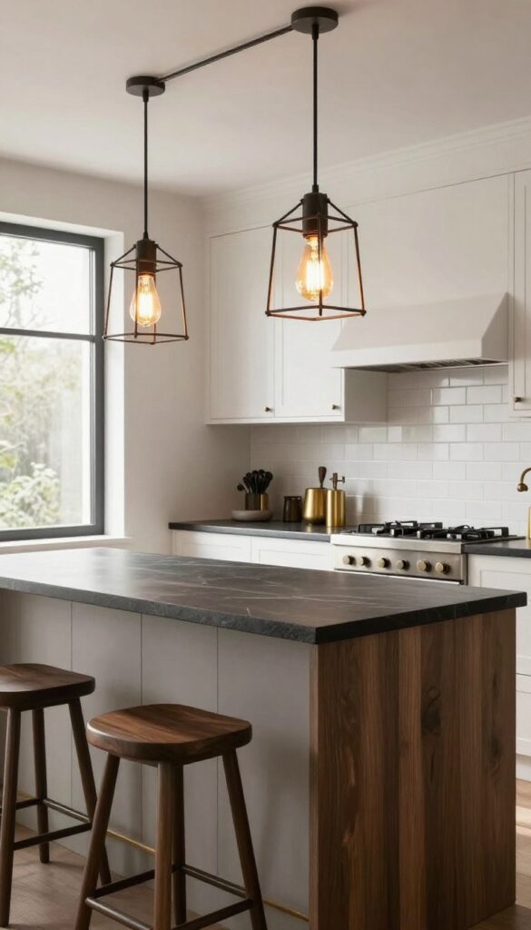 Industrial cage pendant lights over a modern kitchen island with exposed Edison bulbs and a warm glow