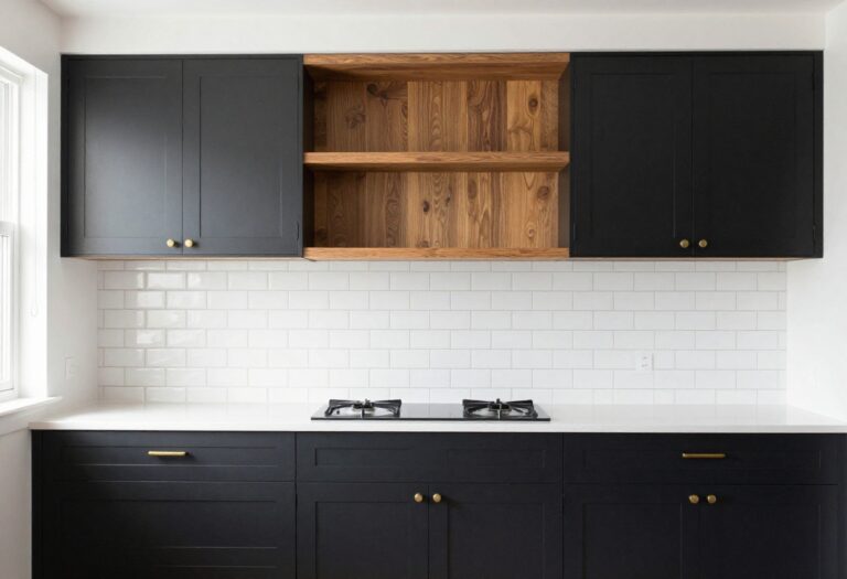 Modern kitchen with black cabinets, wood shelving, and brass hardware