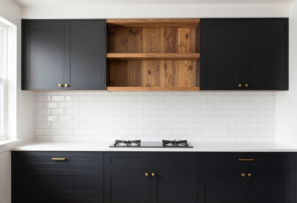 Modern kitchen with black cabinets, wood shelving, and brass hardware