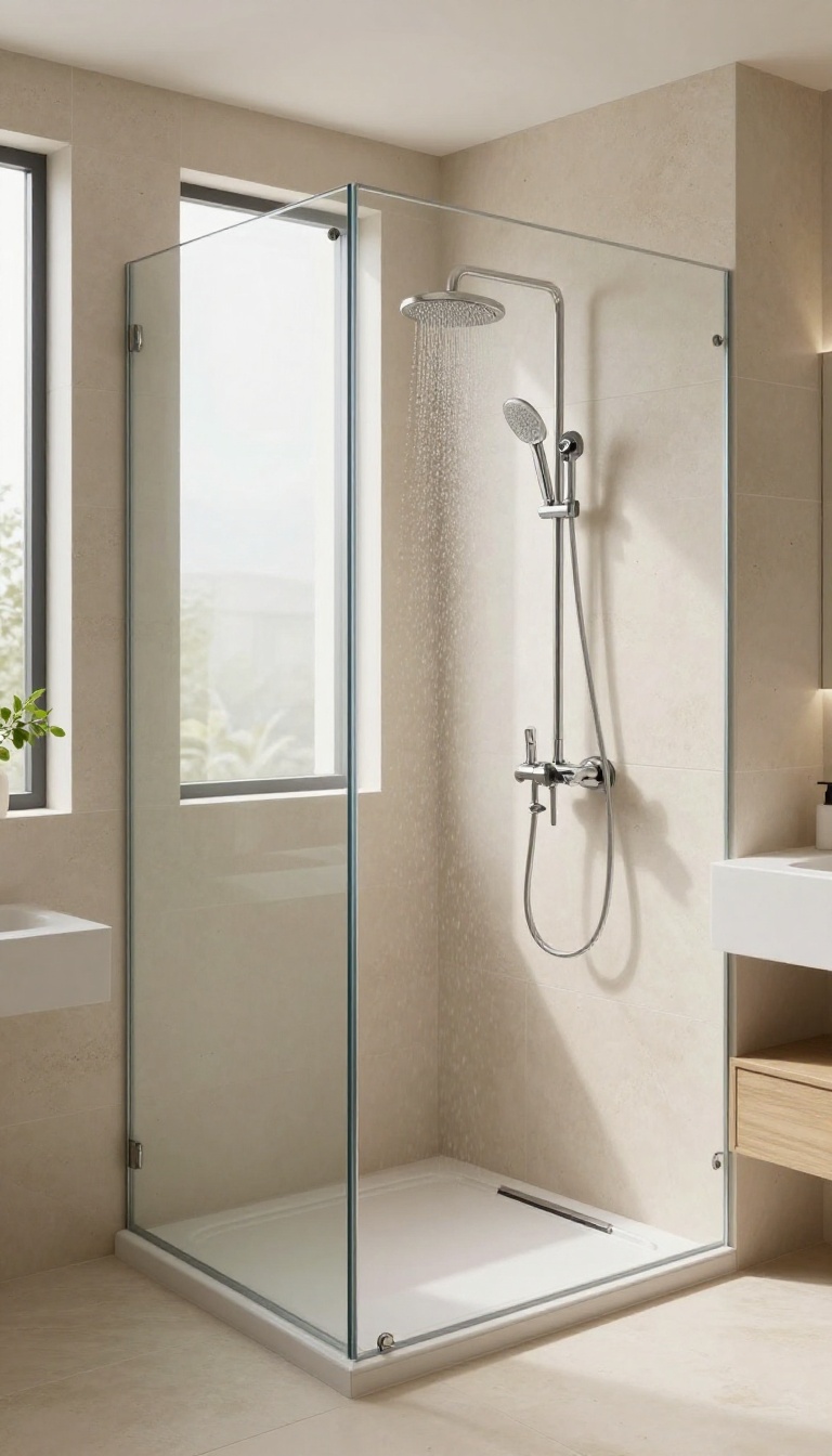 Modern bathroom with adjustable-height shower seat in a walk-in shower, set at a comfortable mid-level height with a gas-lift mechanism, natural light and clean design.
