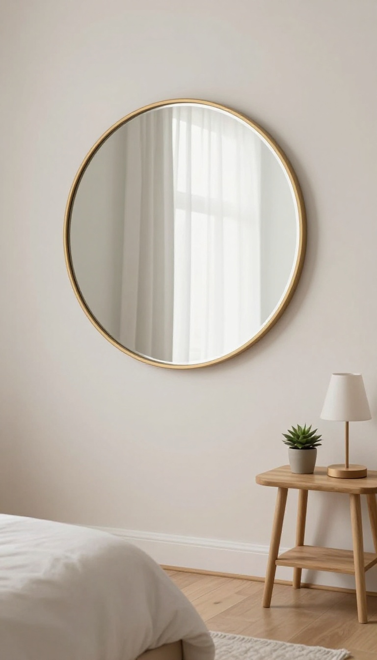 Small bedroom with a large round gold-framed mirror leaning against the wall, reflecting a bright window, with a nightstand and lamp nearby.