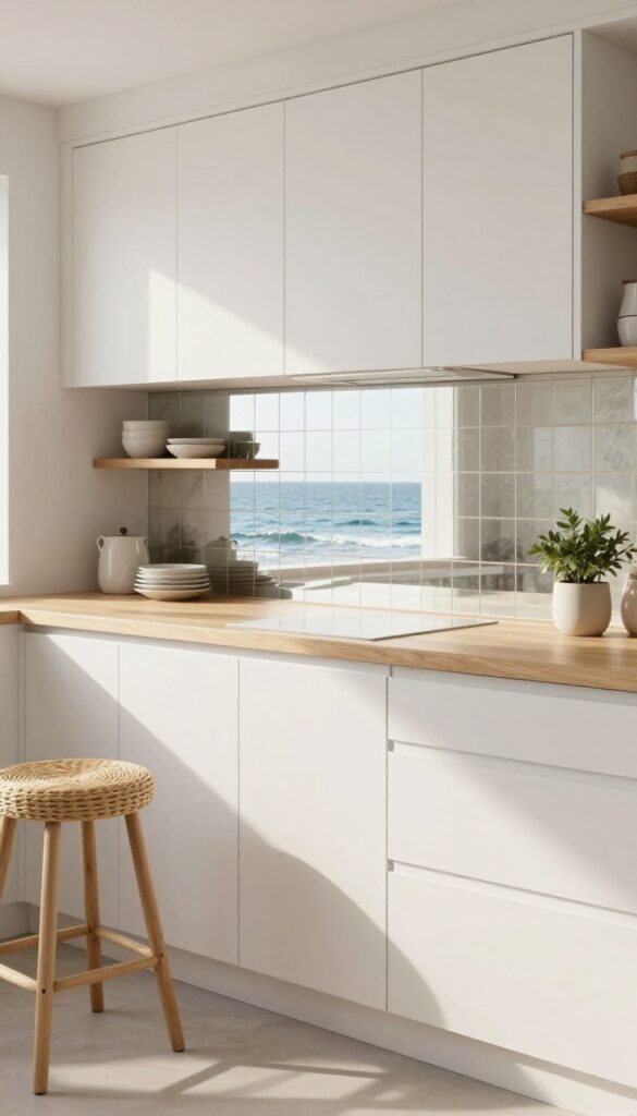 Coastal kitchen with mirrored tile backsplash reflecting light, white cabinets, and natural wood accents.