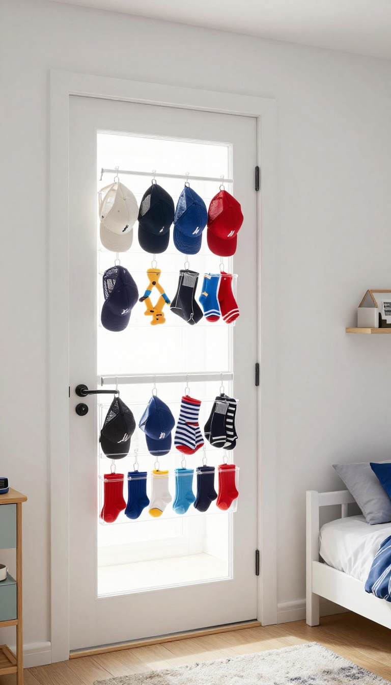 Boy's bedroom with a clear hanging organizer on the door, holding caps and toys