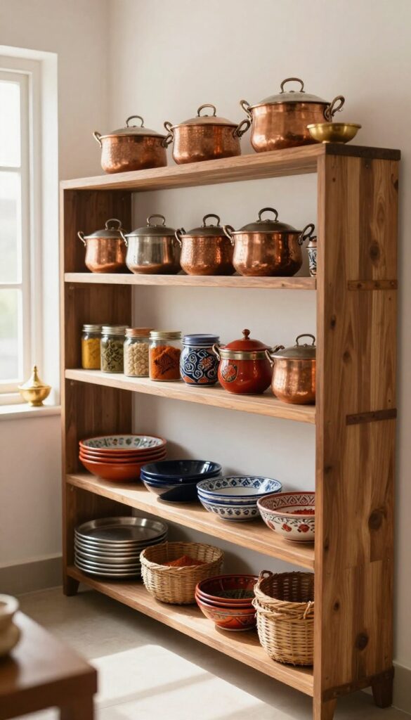 Open wooden shelves in a traditional Indian kitchen displaying cookware and spices