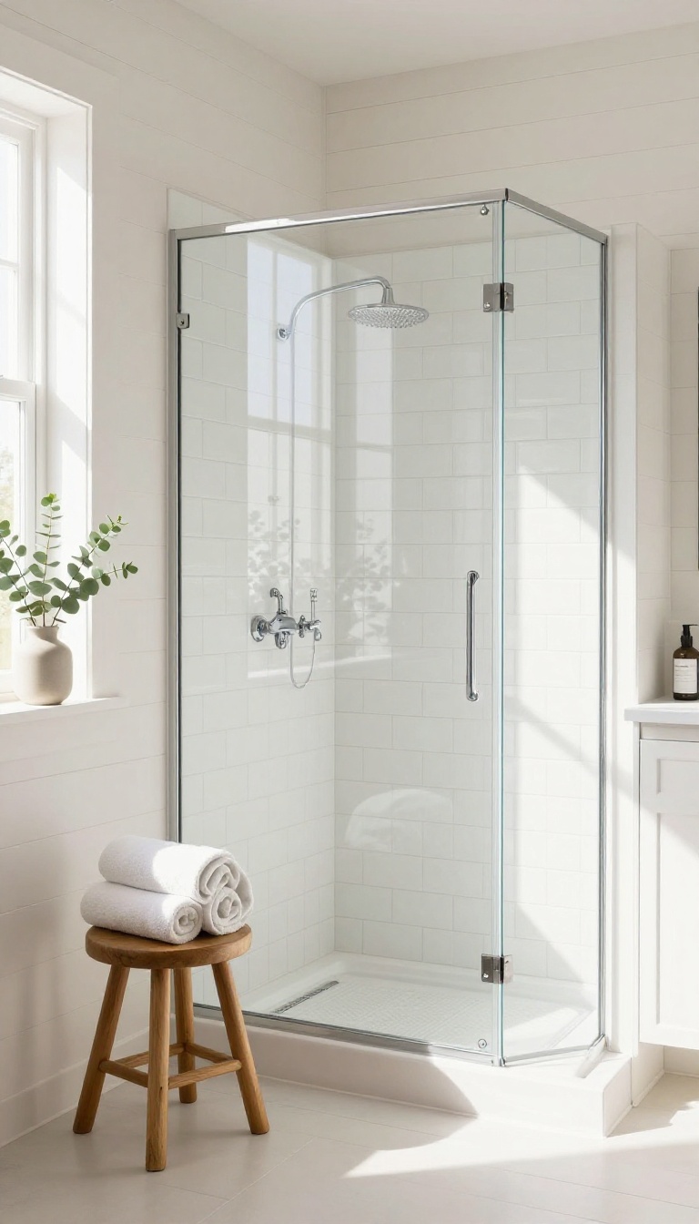 Bright bathroom with white shiplap above a glass shower, cozy cottage style
