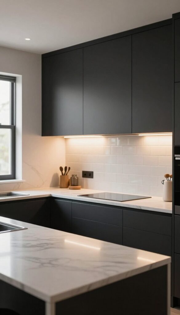 Black kitchen cabinets with warm under-cabinet lighting highlighting a marble countertop and white subway tile backsplash.