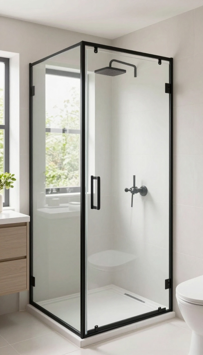 Modern bathroom with a semi-frameless shower screen featuring a slim black frame, open and airy design
