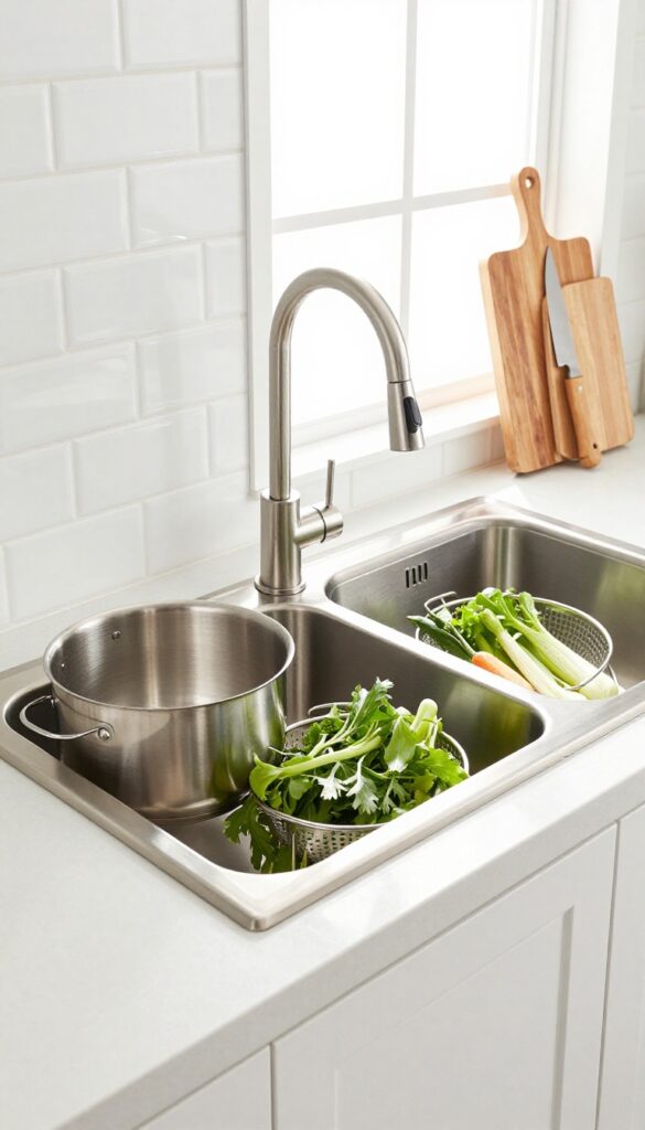 Modern kitchen with a double basin sink with offset divider, stainless steel, white quartz countertop, and natural light