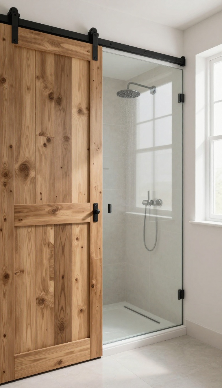 Modern bathroom with a sliding barn door shower enclosure made of reclaimed wood and glass, featuring matte black hardware and bright natural light.