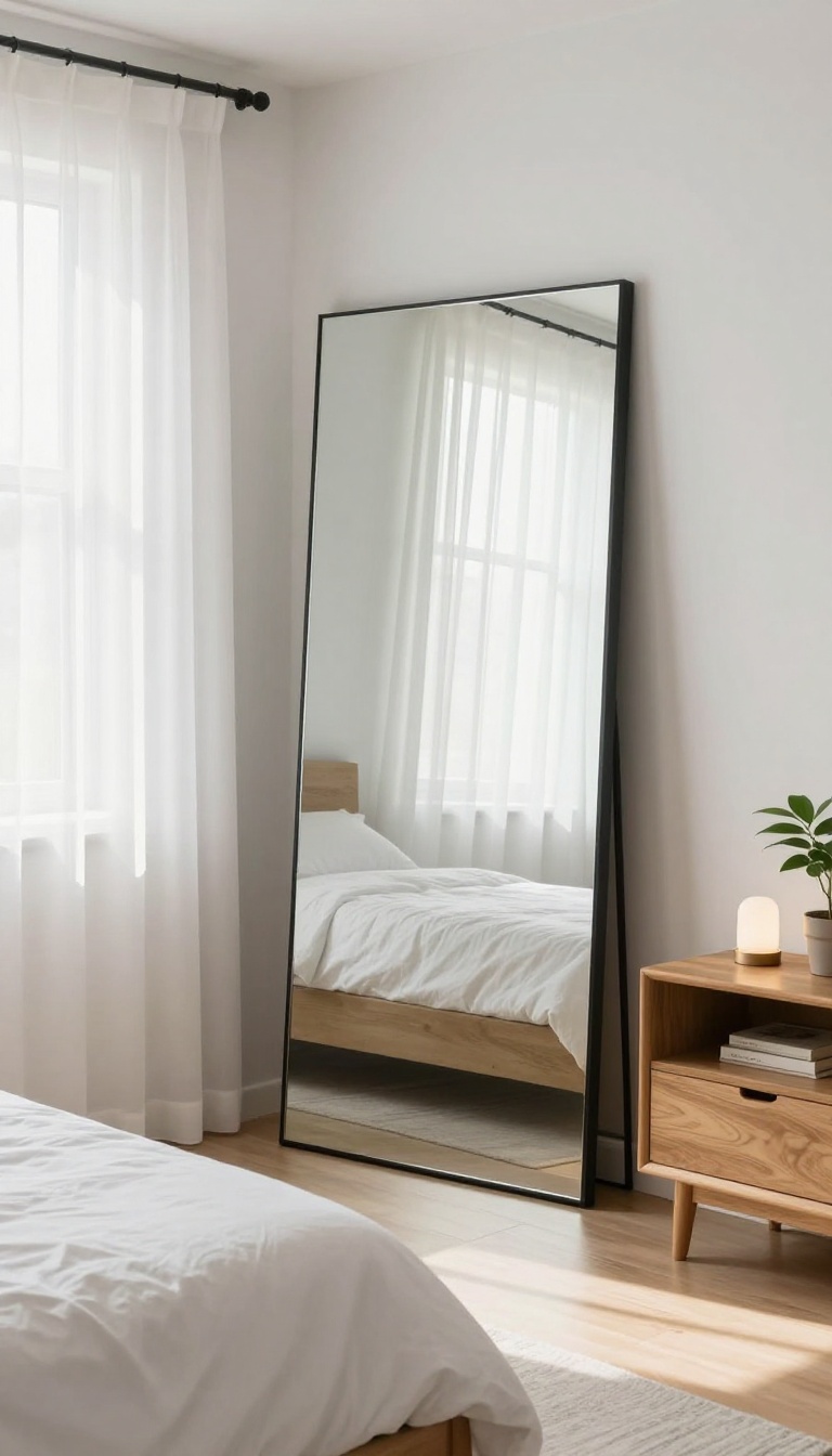 Small bedroom with a large leaning mirror reflecting a window to make the space feel larger