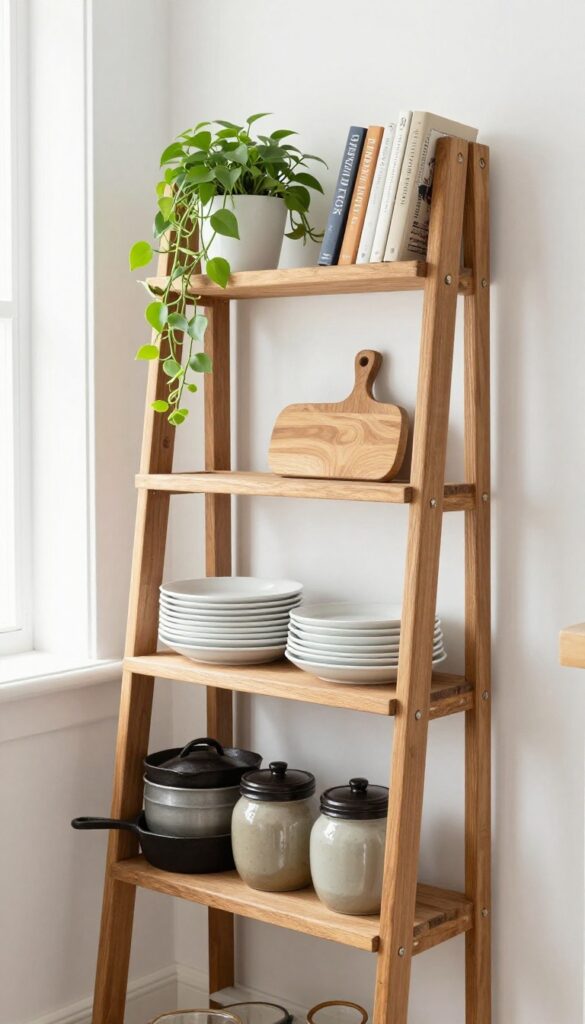 Rustic wooden ladder shelf in a bright kitchen with cookware, dishes, and a plant.