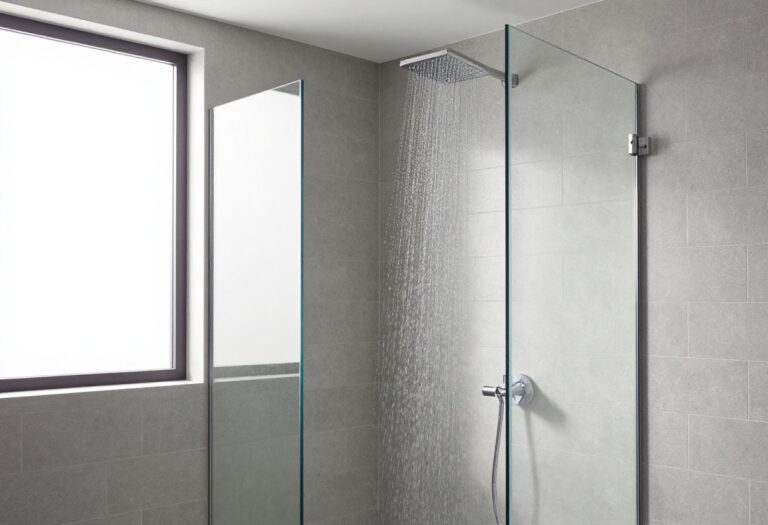 Modern bathroom shower with grey subway tiles and glass enclosure
