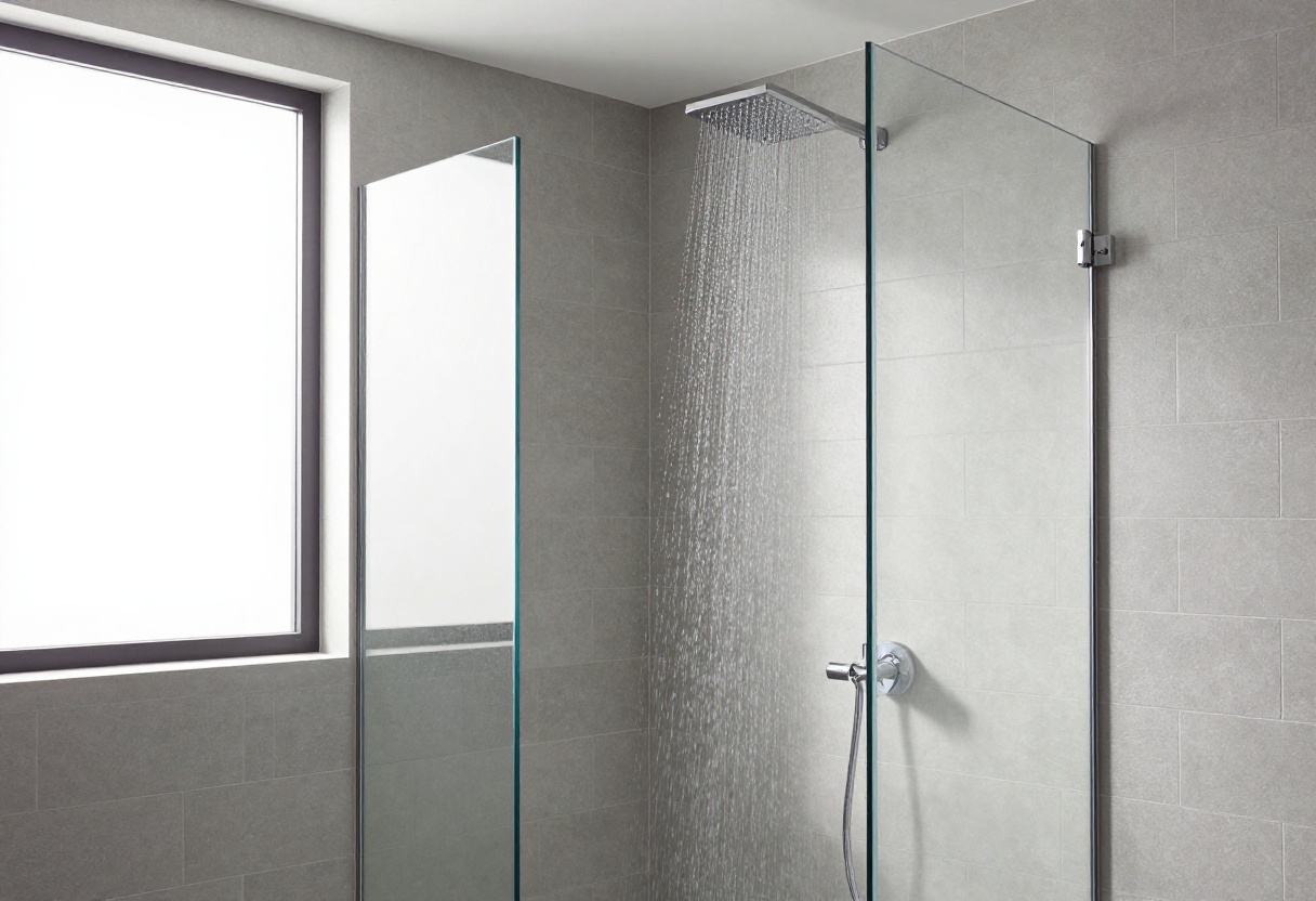 Modern bathroom shower with grey subway tiles and glass enclosure