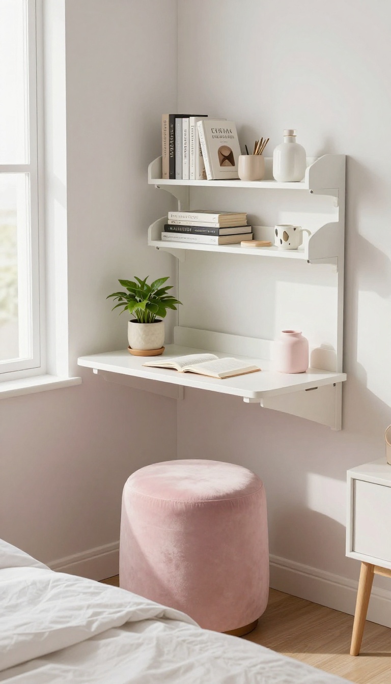 Small bedroom with a wall-mounted fold-down desk, pastel stool, and floating shelves in bright natural light