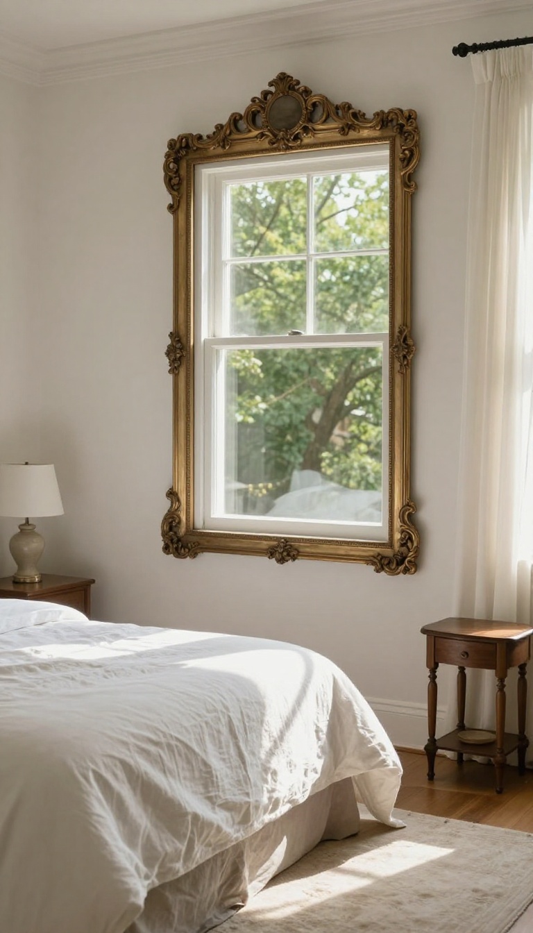 Small guest room with a large mirror reflecting a window to brighten and enlarge the space