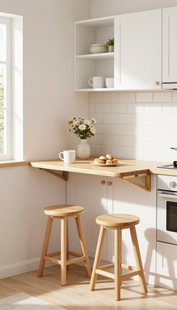 Small kitchen with a wall-mounted folding table set up as a breakfast bar with stools and a simple meal, showing space-saving design.