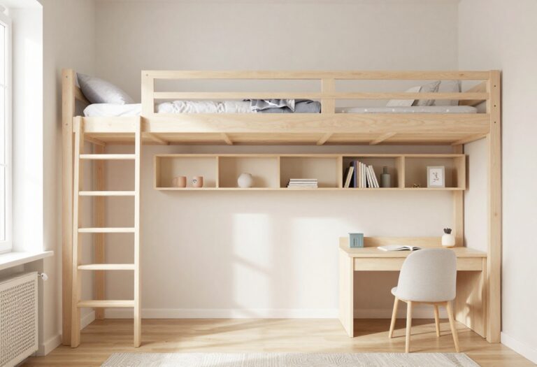 Small boys' bedroom with loft bed and smart storage