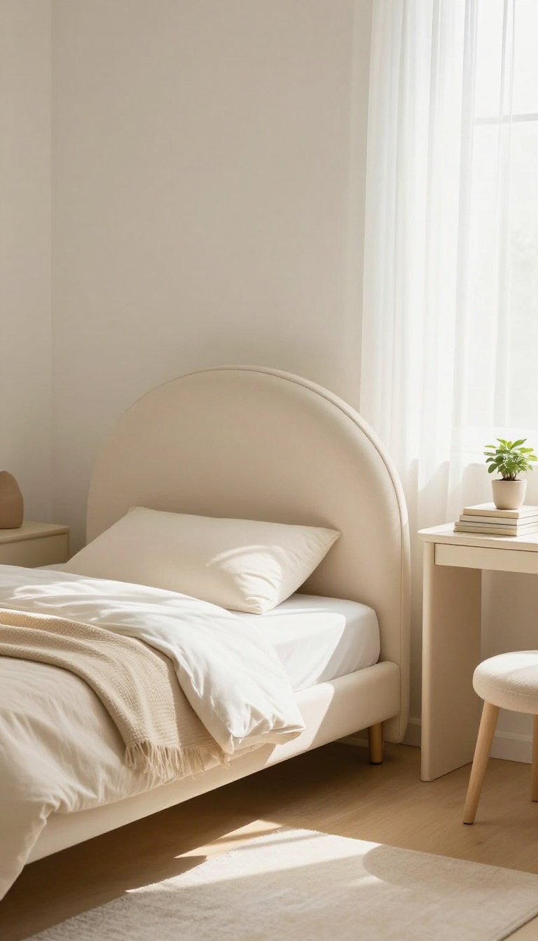 Small bedroom with multi-functional furniture featuring rounded edges and built-in storage, bathed in natural light.