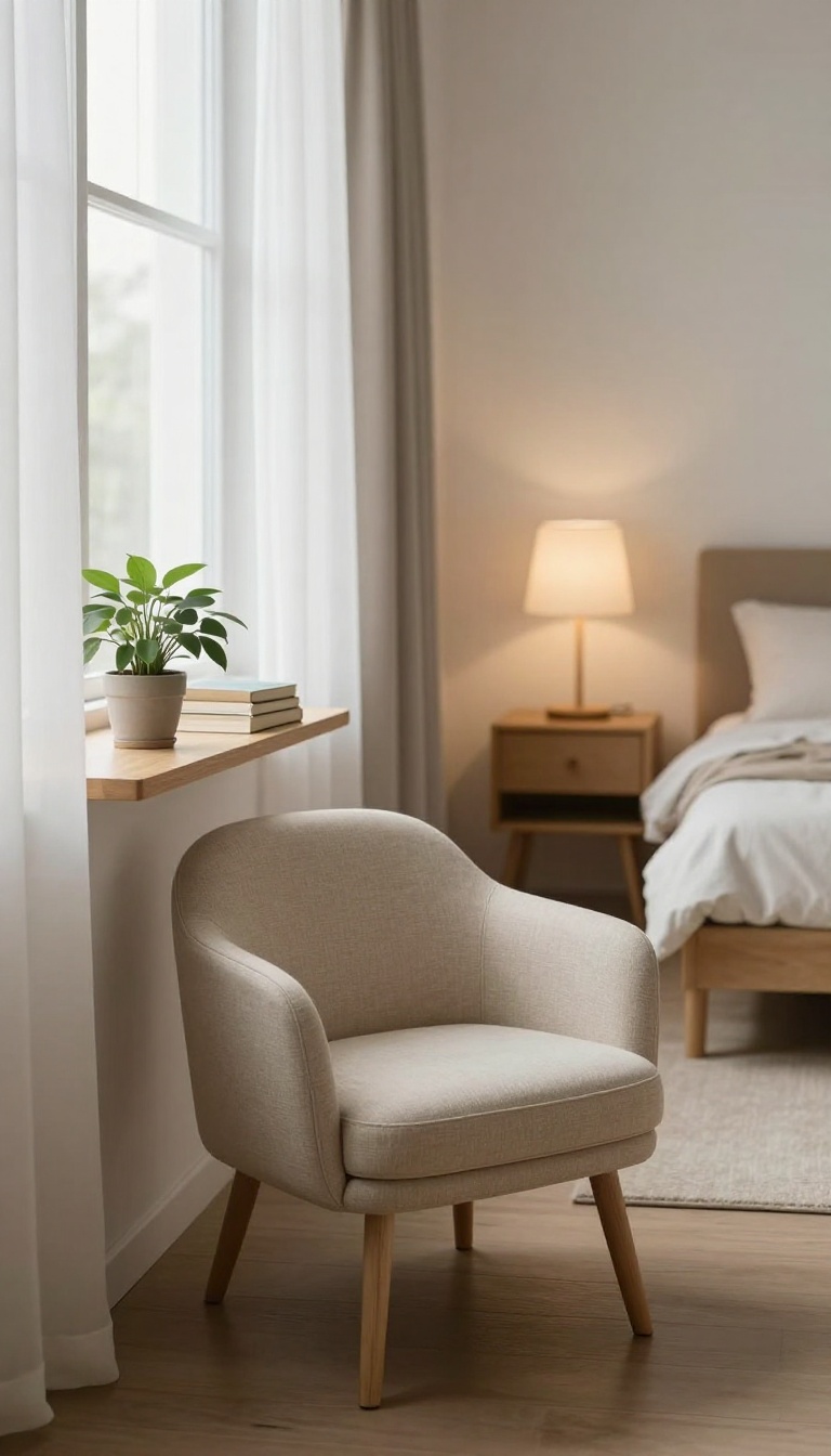Cozy reading nook in a small shared bedroom corner with a chair, shelf, and lamp