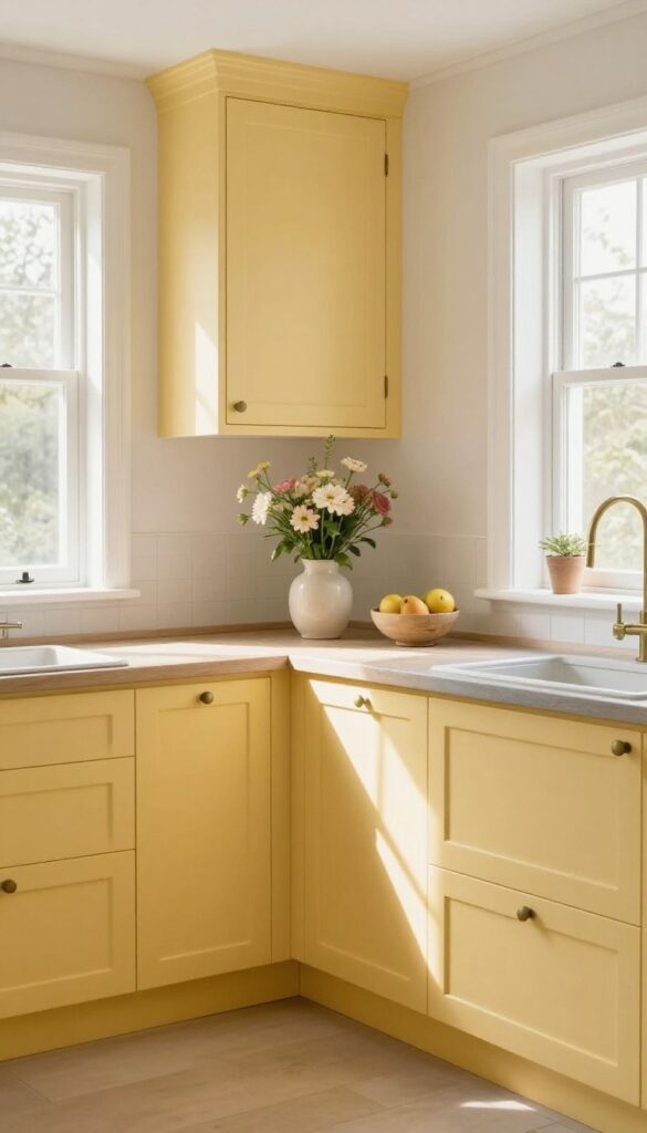 Cozy kitchen with buttery yellow cabinets and natural wood accents in morning light