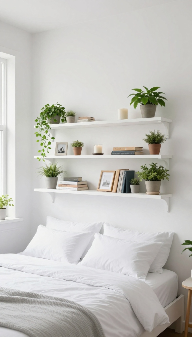 Floating shelves above a bed in a small cozy bedroom with plants and books