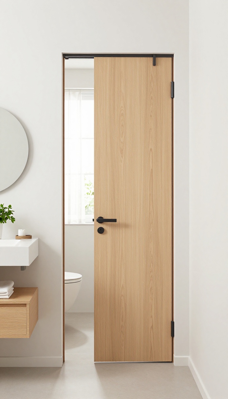 Sleek pocket door in a compact guest bathroom, showcasing space-saving design